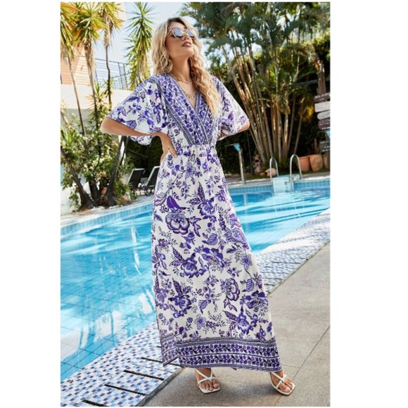 Bohemian Dolman Sleeve Side Slit Maxi Dress - Picture 3 of 5